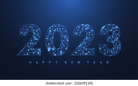 Modern futuristic technology template for Merry Christmas and Happy New Year 2023 with connected lines and dots. Plexus geometric effect. Global network connection. Vector illustration