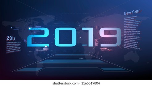 Modern futuristic template for 2019. New year 2019 in style HUD.Vector illustration for your design. Technology background. Futuristic user interface. HUD.