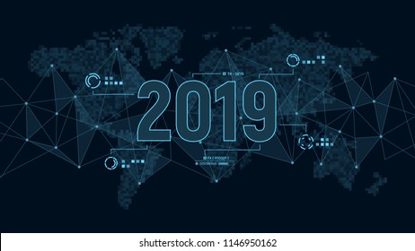 Modern futuristic template for 2019 on background with polygons connection structure and world map in pixels. Digital data visualization. Business technology concept. Vector illustration