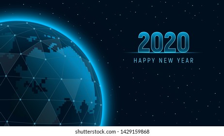 Modern futuristic template for 2020 on background with holographic Earth polygons connection structure. View from space on the planet Earth. Concept future technology. Vector illustration.