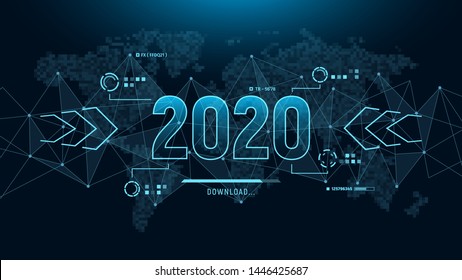 Modern futuristic template for 2020 on background with polygons connection structure and world map in pixels. Digital data visualization. Business technology concept. Vector illustration