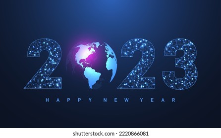 Modern futuristic template banner or cover for Merry Christmas and Happy New Year 2023 with connected lines and dots. Plexus geometric effect. Global network connection. Vector illustration