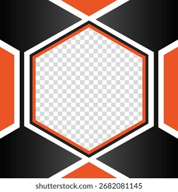 A modern, futuristic template with a bold hexagonal frame, featuring a strong geometric design in orange, white, and black