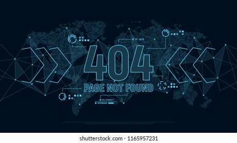 Modern futuristic template for error 404, page not found on background with polygons connection structure and world map in pixels. Digital data visualization. Vector illustration.