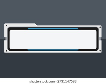 Moderner futuristischer UI-Rahmen im Science-Fiction-Stil. Weißes digitales Banner oder Typenschild mit neonblauen Akzenten und technischen mechanischen Details