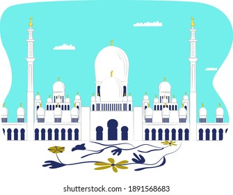 Modern futuristic urban landscape, beautiful arab building cathedral mosque, brick masjid flat vector illustration, isolated on white. Concept monumental constructive architectural landmark.