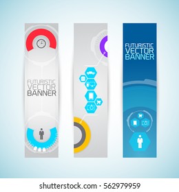 Modern futuristic vertical banners with abstract circles hexagons and tech icons isolated vector illustration