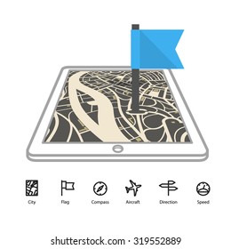 Aparato moderno con mapa de ciudad abstracto en perspectiva e iconos de transporte