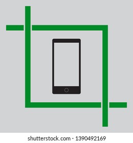 Modern gadget with blank screen. Black icon inside green crop tool at light gray background