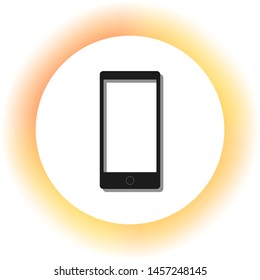 Modern gadget with blank screen. Dark icon with shadow on the glowing circle button. Illustration.
