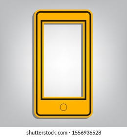 Modern gadget with blank screen. Flat orange icon with overlapping linear black icon with gray shadow at whitish background. Illustration.