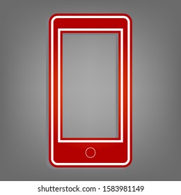 Modern gadget with blank screen. Flat red icon with linear white icon with gray shadow at grayish background. Illustration.