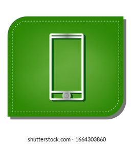 Modernes Gadget mit leerem Bildschirm. Silber Farbverlauf-Symbol mit dunkelgrünem Schatten auf ökologisch gepflastertem grünem Blatt. Illustration.