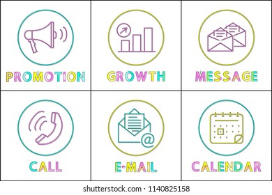 Modern gadgets functions linear icons. Promotion and growth buttons, message or email storages, call symbol, calendar outline vector illustrations.