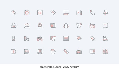 Conjunto de iconos de línea de gadgets modernos. Dispositivos electrónicos portátiles, equipo multimedia inteligente, computadora y teléfono, computadora portátil y tableta de artistas con Ilustración vectorial delgada de símbolos de contorno negro y rojo