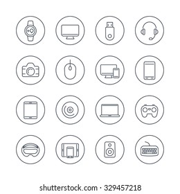 Modern gadgets line icons in circles, vector illustration