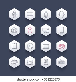 Modern gadgets line icons, hexagon set, vector illustration