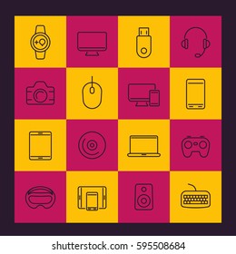 Modern gadgets line icons pack, monitor, gamepad, keyboard, mouse, laptop, smart watch, tablet, wearable devices, electronics 