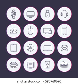 Modern gadgets line icons set, monitor, desktop, gamepad, keyboard, mouse, laptop, VR helmet, audio system, tablet, wearable devices, electronics 