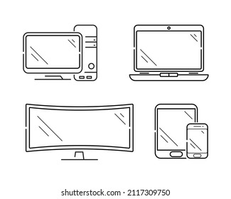 Aparatos modernos. Computadora personal, laptop, tablet, teléfono móvil. Conjunto de iconos vectoriales en estilo plano.