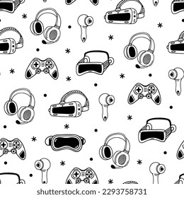 Modern gadgets seamless vector pattern. Virtual and augmented reality. VR AR glasses, joystick, headphones, headset. Device for games, 3D, music. Simple doodle. Background for prints, packaging, web