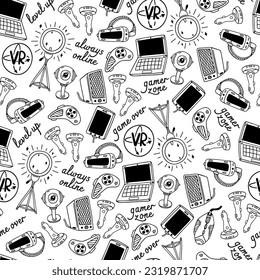 Modern gadgets seamless vector pattern. Laptop, VR headset, joystick, webcam, smartphone, pc mouse, ring lamp. Device for stream, blog, podcast, video games. Black and white background for print, web