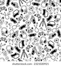 Modern gadgets seamless vector pattern. VR headset, joystick, headphones, microphone, tripod, charger. Devices and technology for stream, podcast, video game. Black and white background for print, web