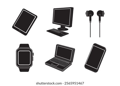 Modern Gadgets Silhouette Bundle Laptop Smartphone Smartwatch Tablet Earbuds Desktop Computer