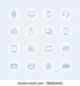Modern gadgets thin line icons, vr devices, wearable gadget, electronics, vr glasses, gadgets icons, symbols, vector illustration