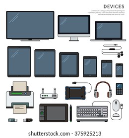 Modern gadgets. Up-to-date devices, era of technology concept. Computer, laptop, tablets, phones, printer, keyboard, head-phones isolated on white background. Thin line flat design