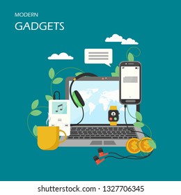 Modern gadgets vector flat illustration. Laptop, mobile phone, headphones, music player, smart watch. Fashionable electronic devices and new wearable technology poster, banner.
