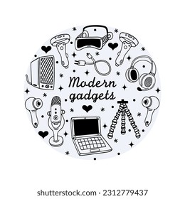 Modern gadgets vector set. Fashion devices - laptop, microphone, tripod, vr headset, wireless headphones, speaker. Tech for gaming, streaming, blogging. Black and white sketch. Clipart for apps, print