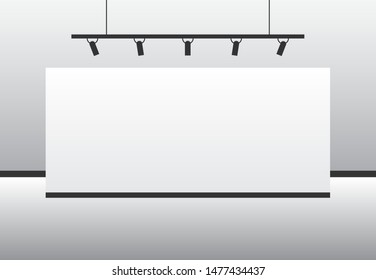 Modern gallery interior with white poster. Museum and exhibition concept. Mock up. Vector illustration