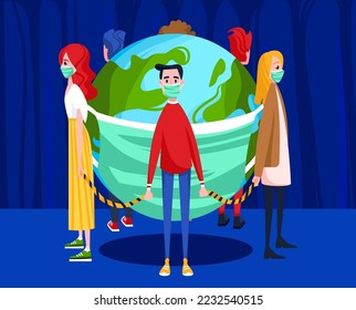 Modern gallery, people wearing mask, young people precaution, retention hands, design, cartoon style vector illustration.