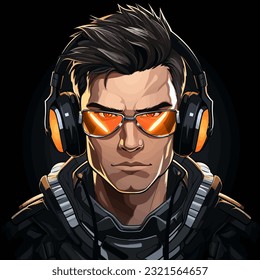 Modern game avatar. Mascot sport logo design. Gamer head vector illustration logo. sunglasses and large headphones. Male haracter for sport and gaming logo concept. Black background.