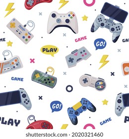 Modern Game Console Controllers Seamless Pattern, Video Game Players Accessory Devices Background, Banner, Wallpaper, Textile, Packaging Design Vector Illustration