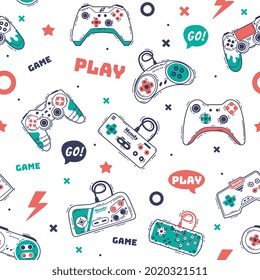 Modern Game Console Controllers Seamless Pattern, Video Game Players Accessory Devices Background, Banner, Textile, Packaging Design Hand Drawn Vector Illustration.