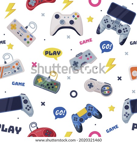 Modern Game Console Controllers Seamless Pattern, Video Game Players Accessory Devices Background, Banner, Wallpaper, Textile, Packaging Design Vector Illustration