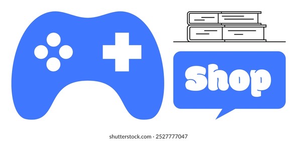 Controle de jogo moderno, pilha de livros e uma bolha de fala com a palavra Shop dentro. Ideal para jogos, educação, varejo, e-commerce, marketing. Design plano simples, cores azul e branco
