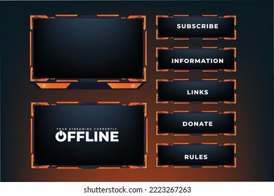 Moderne Rahmendekoration mit orangefarbenen Formen auf dunklem Hintergrund. Live-Spiel-Streaming-Overlay-Design für Broadcast-Panel. Streaming-Overlay-Rahmen und Bildschirm-Schnittstellendekoration.