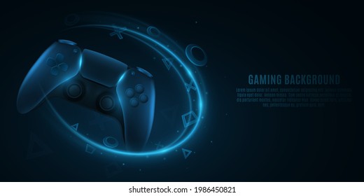 Modern game pad for video games. 3d joystick for game console. Abstract light swirling vortex effect with geometric shapes. Computer games concept. Vector illustration. EPS 10.