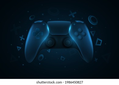 Modern game pad for video games. Blue 3d joystick for game console. Abstract geometric shapes. Computer games concept. Vector illustration. EPS 10.