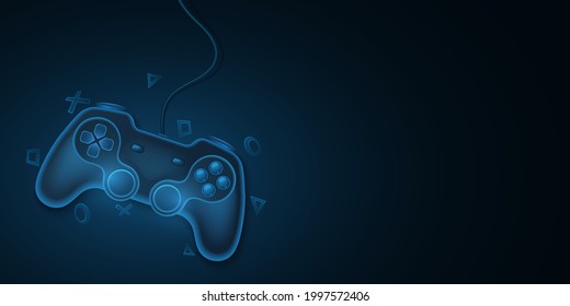 Modern game pad with wire for video games. Blue, 3d joystick for game console. Dynamic, geometric symbols. Computer games concept for your template design. Vector illustration