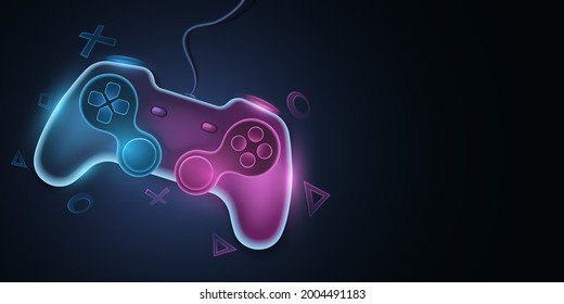 Modern game pad with wire for video games. Vector joystick with neon glow for game console. Abstract geometric symbols. Computer games concept for your design. EPS 10