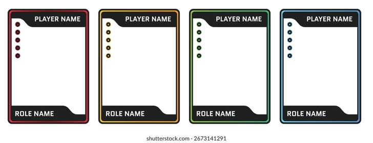 Modelo de cartão de perfil de jogador de UI de jogo moderno. design clássico de 4 cores com barras de estado, classificação de estrelas e espaços reservados. Ideal para RPG, jogos de fantasia e aplicativos móveis. Ilustração vetorial