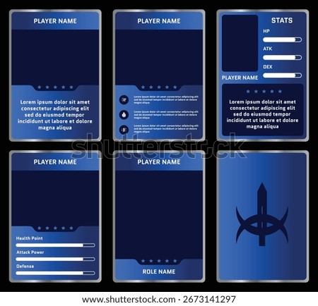 Modern game UI player profile card template. Futuristic blue design with stat bars, star rating, and placeholders. Ideal for RPG, fantasy games, and mobile apps. Vector illustration