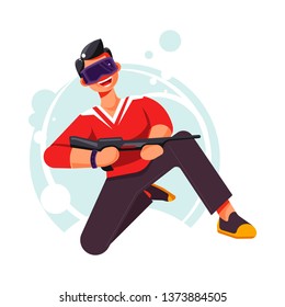 Juego moderno gafas de realidad virtual y juego de disparo vectorial de pistolas falsas a través de dispositivos VR o tecnología de gafas y entretenimiento aislado personaje masculino y burbuja de agua de arma