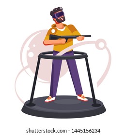 Óculos de realidade virtual de jogo moderno e arma falsa e ficar com borda homem jogo de tiro vetor através de dispositivos de RV ou óculos tecnologia ou inovação de entretenimento personagem masculino isolado e arma