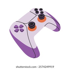 Modern gaming controller in purple and orange tones, outlined in black, placed on a white background. Concept of gaming, technology, and entertainment. Vector illustration