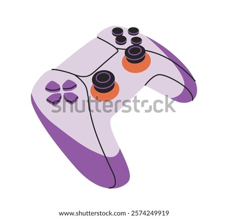 Modern gaming controller in purple and orange tones, outlined in black, placed on a white background. Concept of gaming, technology, and entertainment. Vector illustration